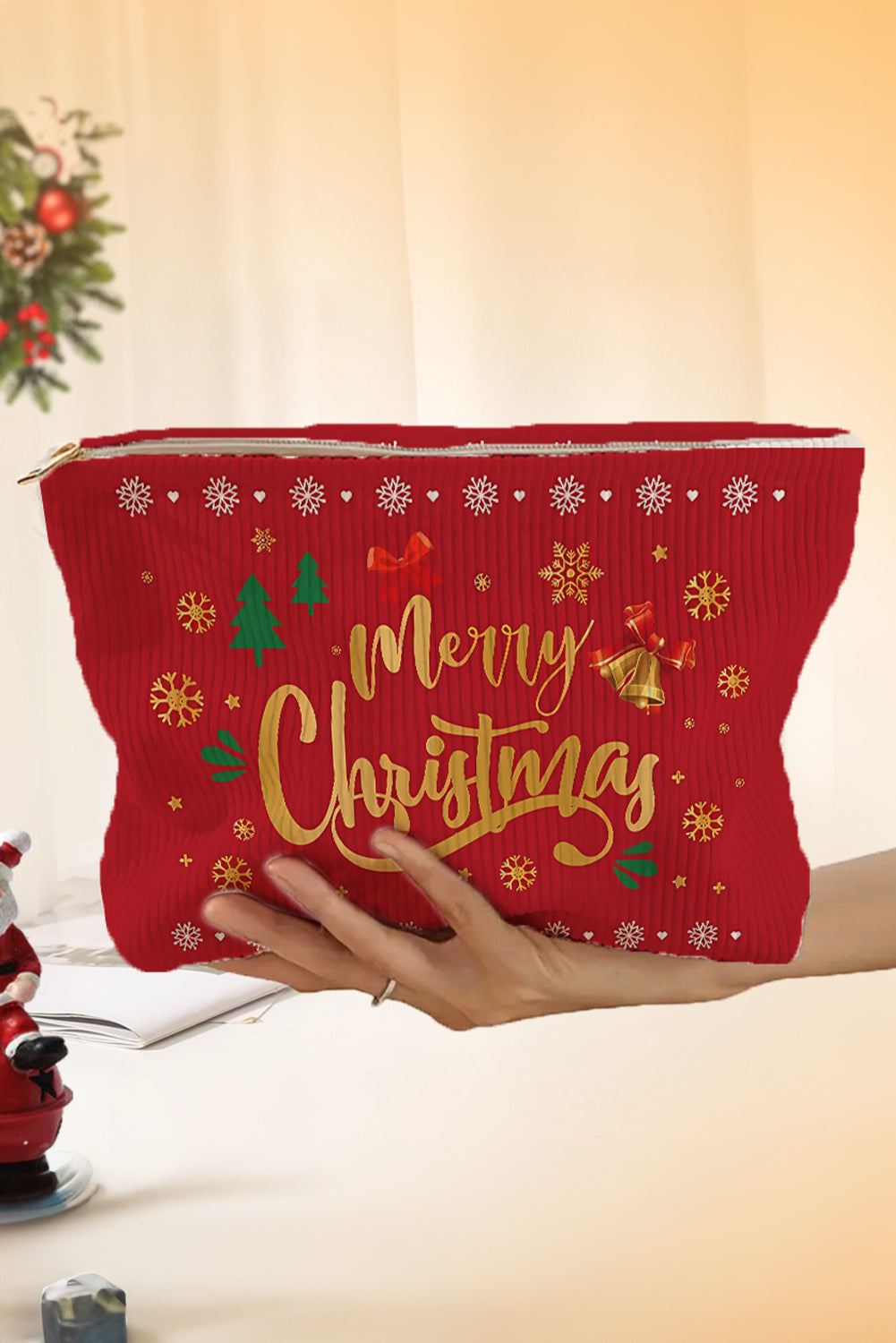 White Christmas Fashion Print Corduroy Zip Up Cosmetic Bag