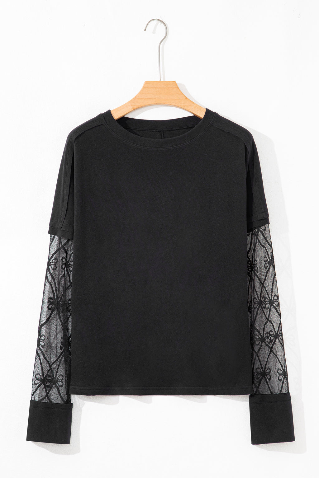 Light Pink Solid Color Bow Textured Patchwork Long Sleeve Tee