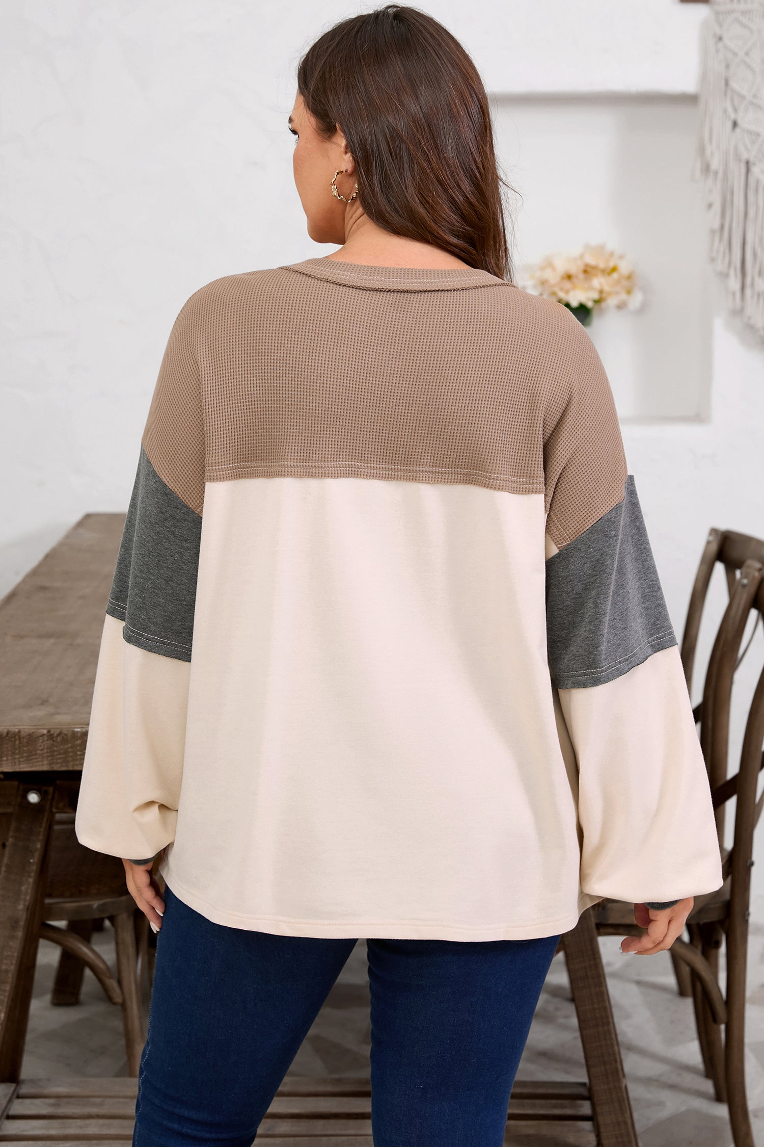 Jet Stream Color Block Waffled Patchwork Loose Henley Top