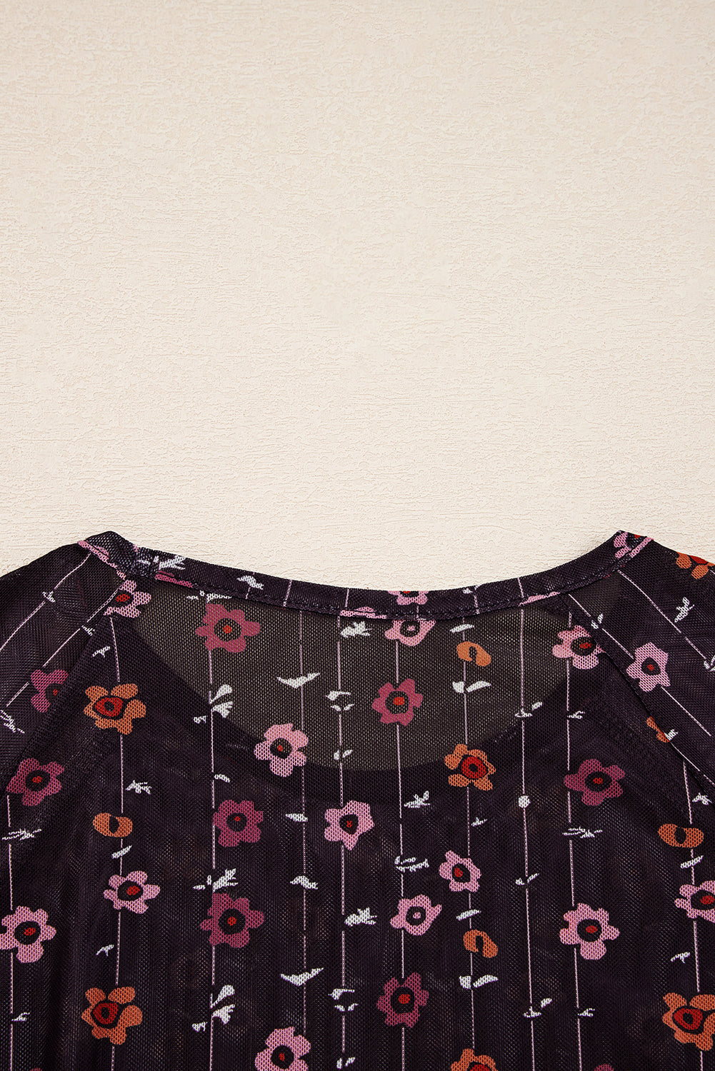 Dear Lover Black Floral Print Smocked Cuff Slim Fit Mesh Bodysuit