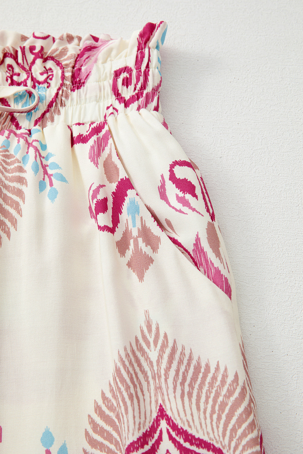 Rose Boho Printed Shirred High Waist Flowy Wide Leg Pants
