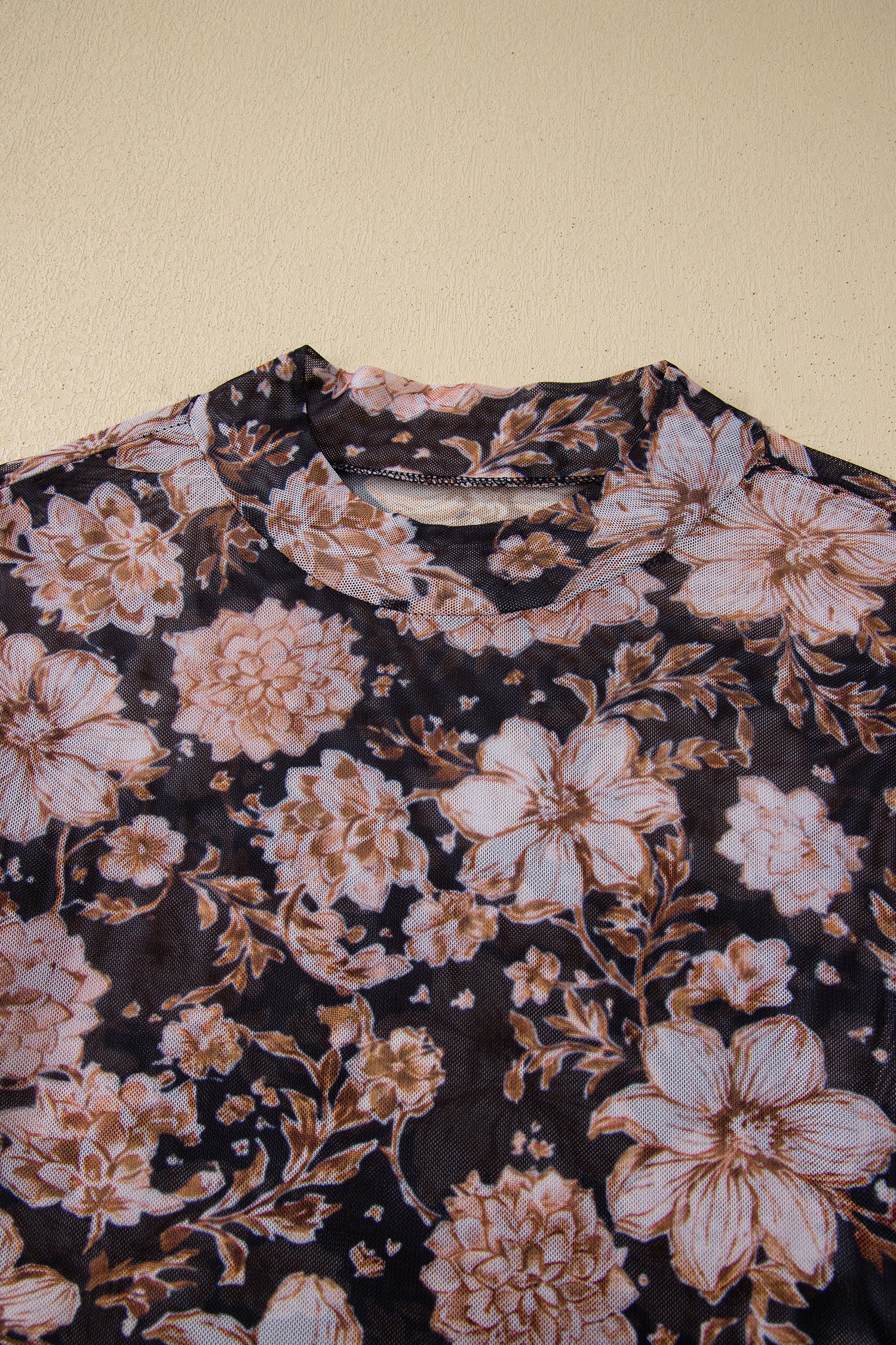 Black Floral Print Mesh Mock Neck Long Sleeve Top