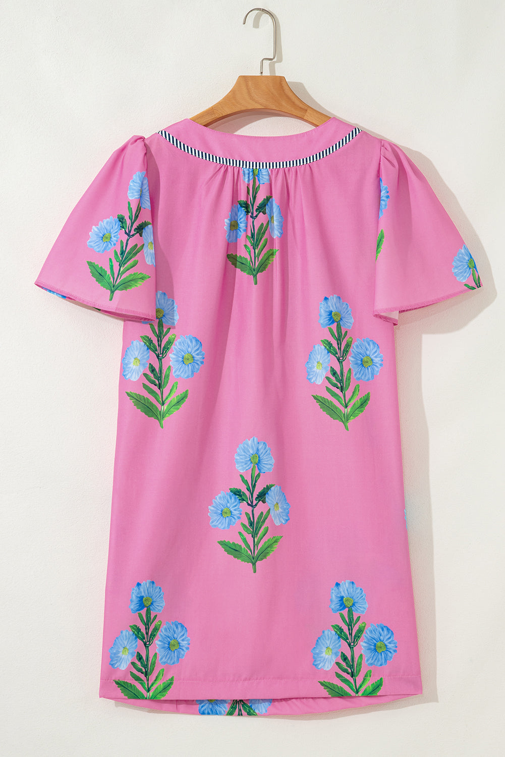 Apricot Floral Short Sleeve Split Neck Loose Mini Dress