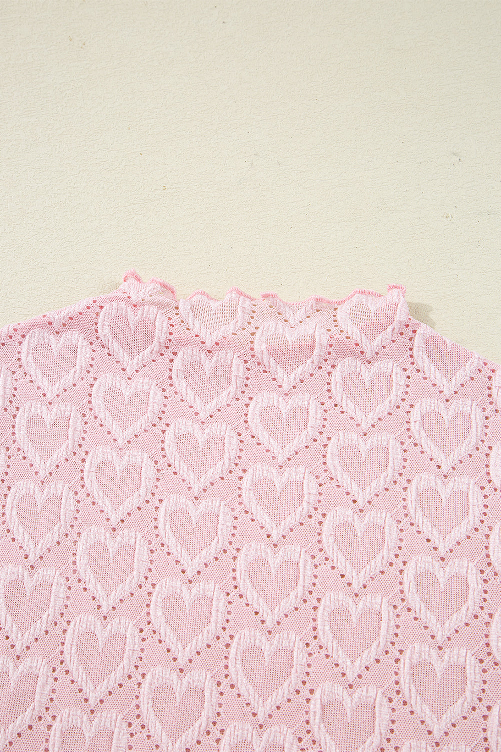 Gossamer Pink Heart Jacquard Flare Sleeve Mock Neck Fitted Top