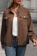 Coffee Solid Color Zip Up Button Flap Pocket Shirt Collar Jackets