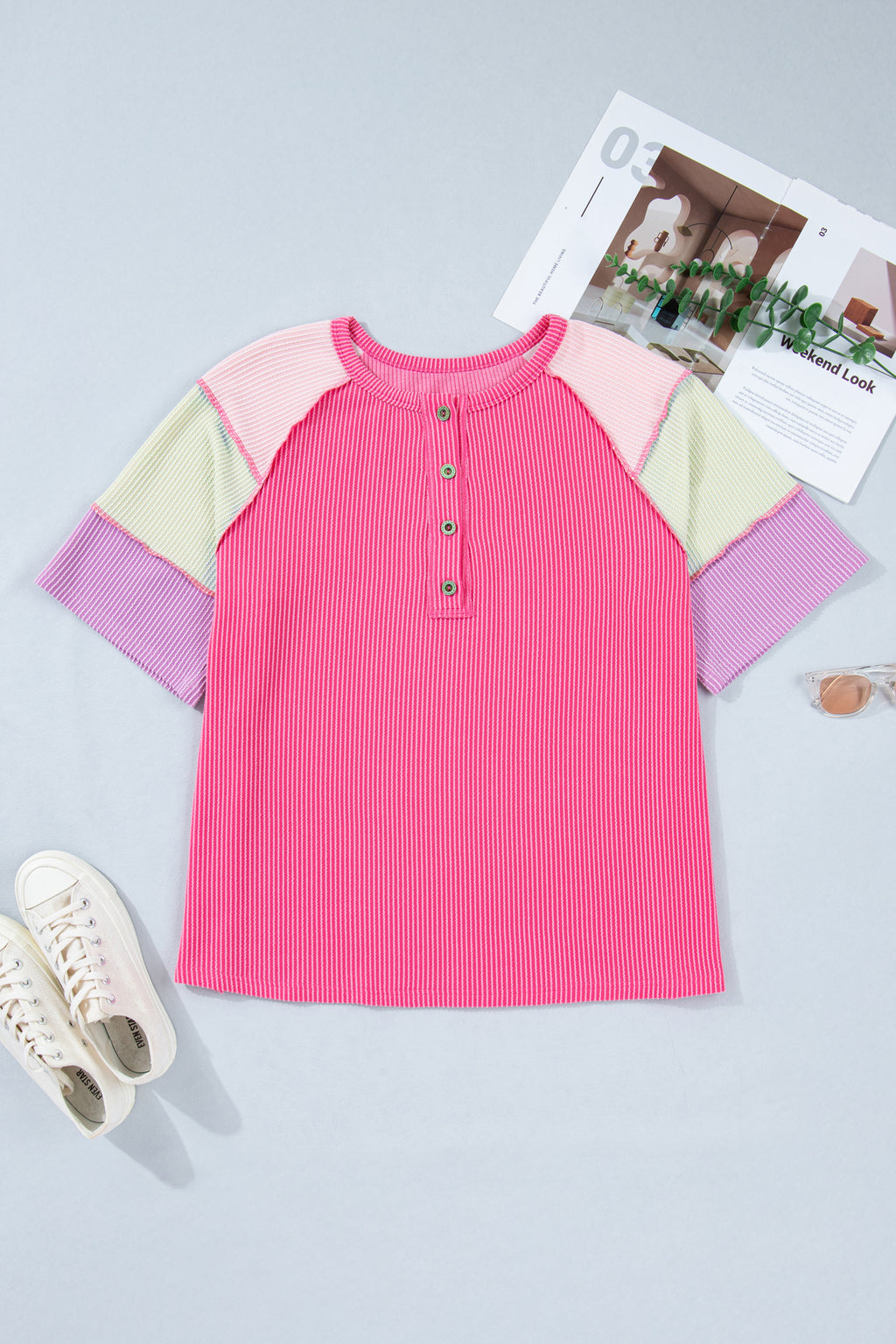 Bright Pink Twisted Ribbed Color Block Patchwork Henley Short Sleeve T Shirt