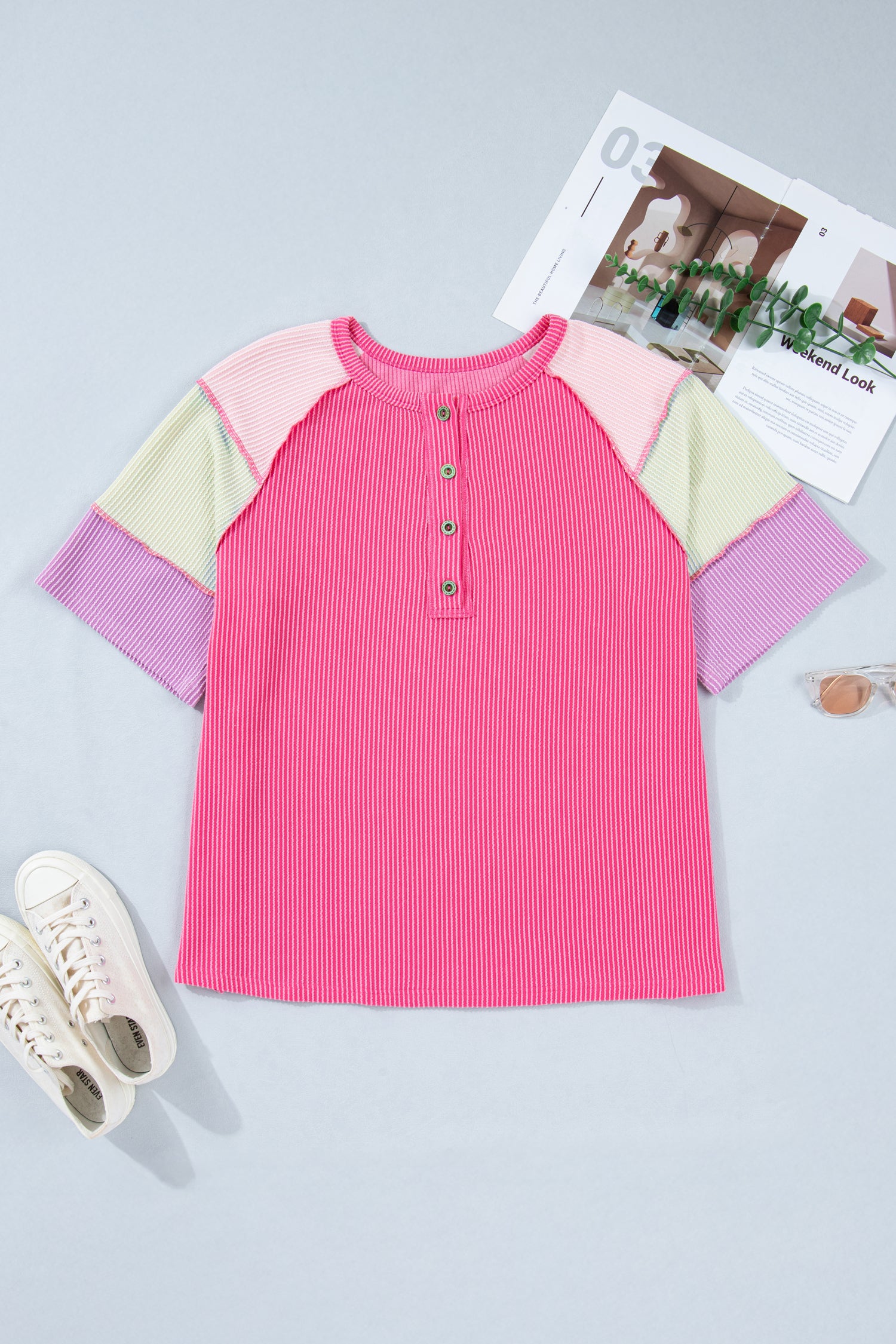 Bright Pink Twisted Ribbed Color Block Patchwork Henley Short Sleeve T Shirt