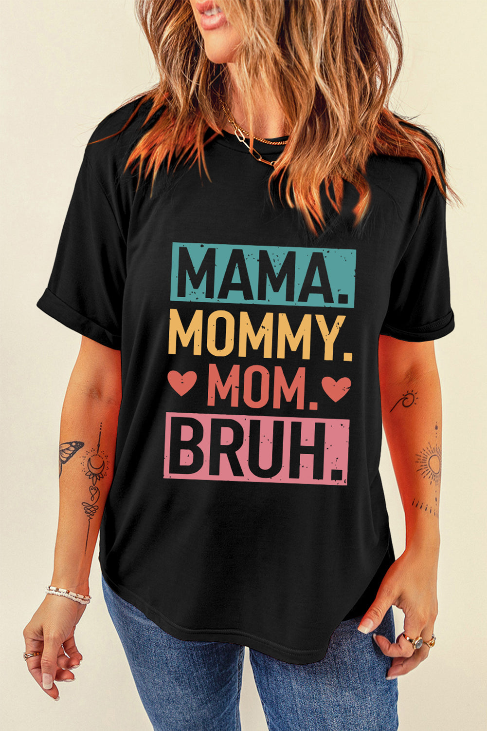White MAMA Floral Block Graphic Casual T Shirt