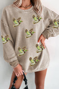 Smoke Gray Sequined Bird Pattern Corded Thanksgiving Sweatshirt