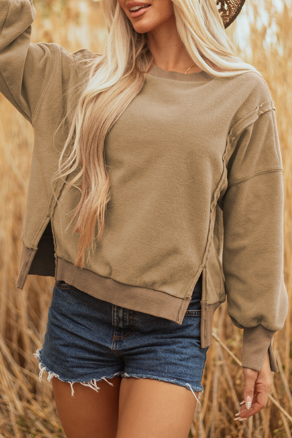 Dark Khaki Fuzzy Sherpa Splicing Pullover Sweatshirt with Side Slit