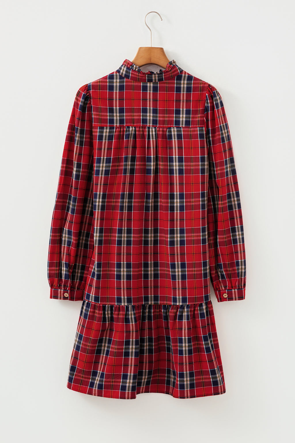 Green Plus Size Plaid Long Sleeve Notched Neck Shift Mini Dress