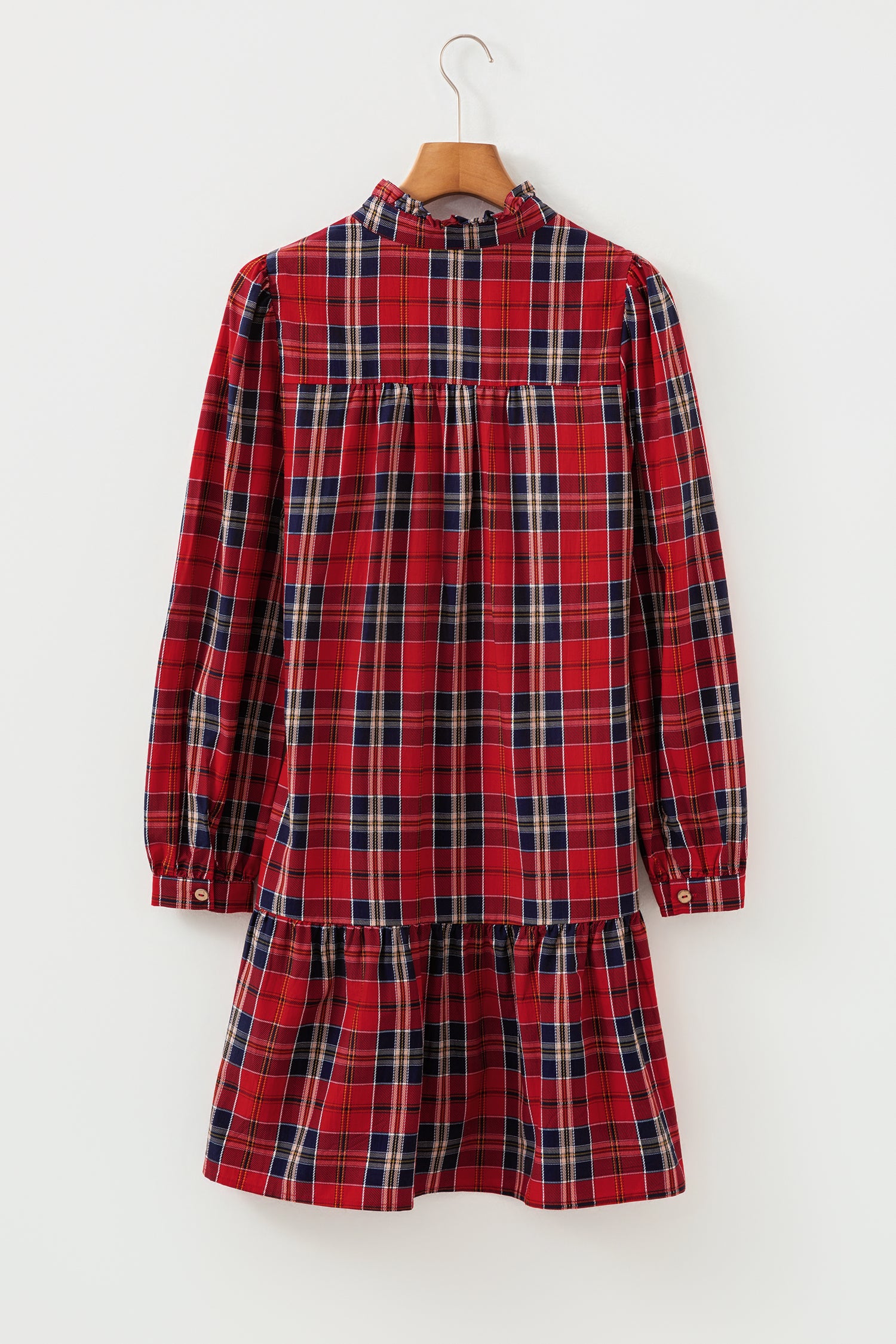 Green Plus Size Plaid Long Sleeve Notched Neck Shift Mini Dress