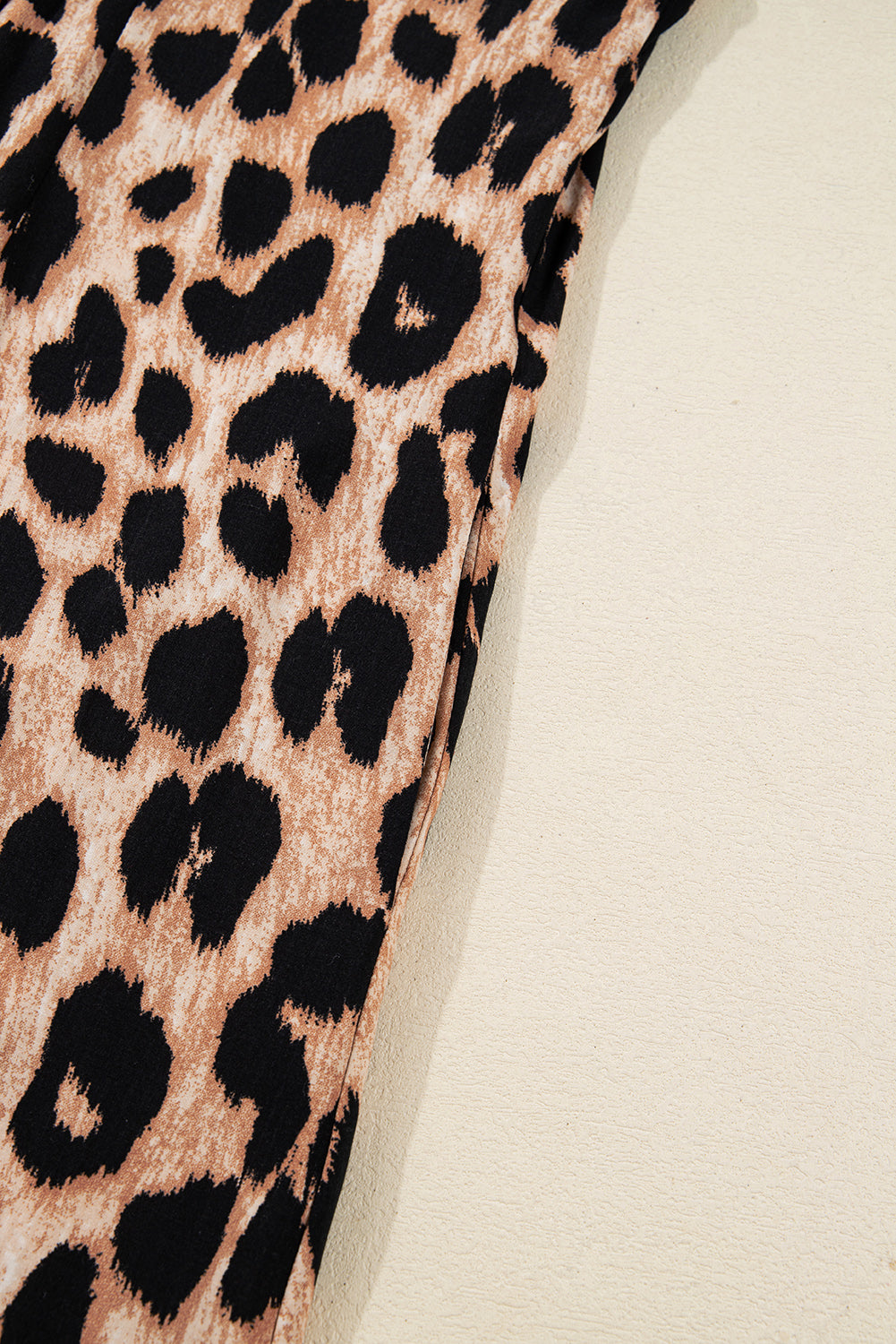 Four Leaf Clover Collared V Neck Smocked Detail Contrast Leopard Trim Bracelet Sleeve Long Dress