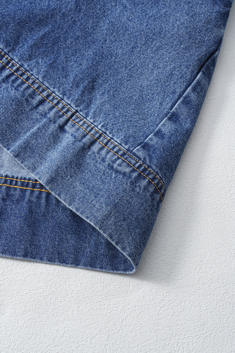 Beau Blue Short Sleeve Collared Patched Pocket Denim Mini Dress