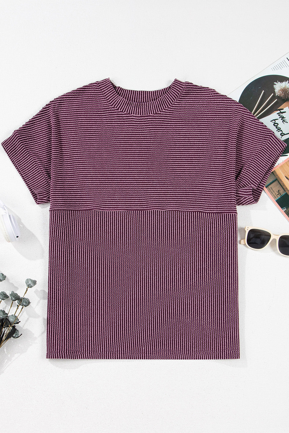 Bright Pink Plain Corded Knit Mock Neck T Shirt