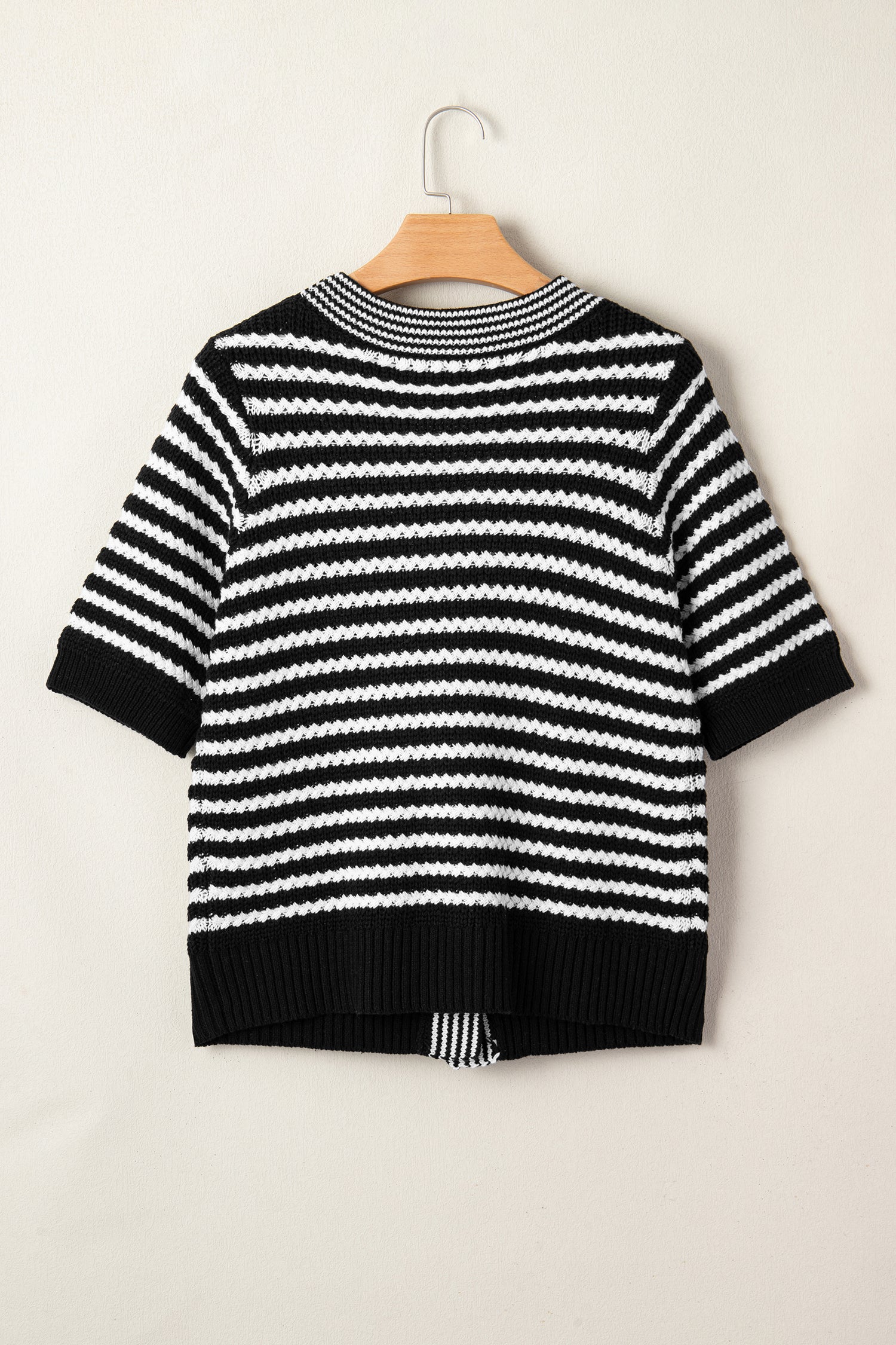 Green Stripe Short Sleeve Knit V Neck Bow Knot Sweater