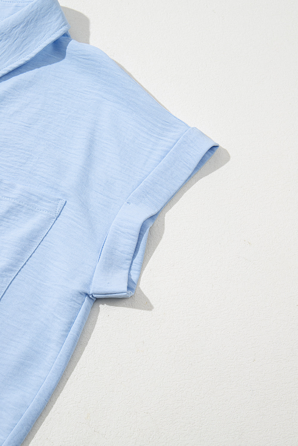 Mist Blue Solid Color Cuffed Short Sleeve Shirt