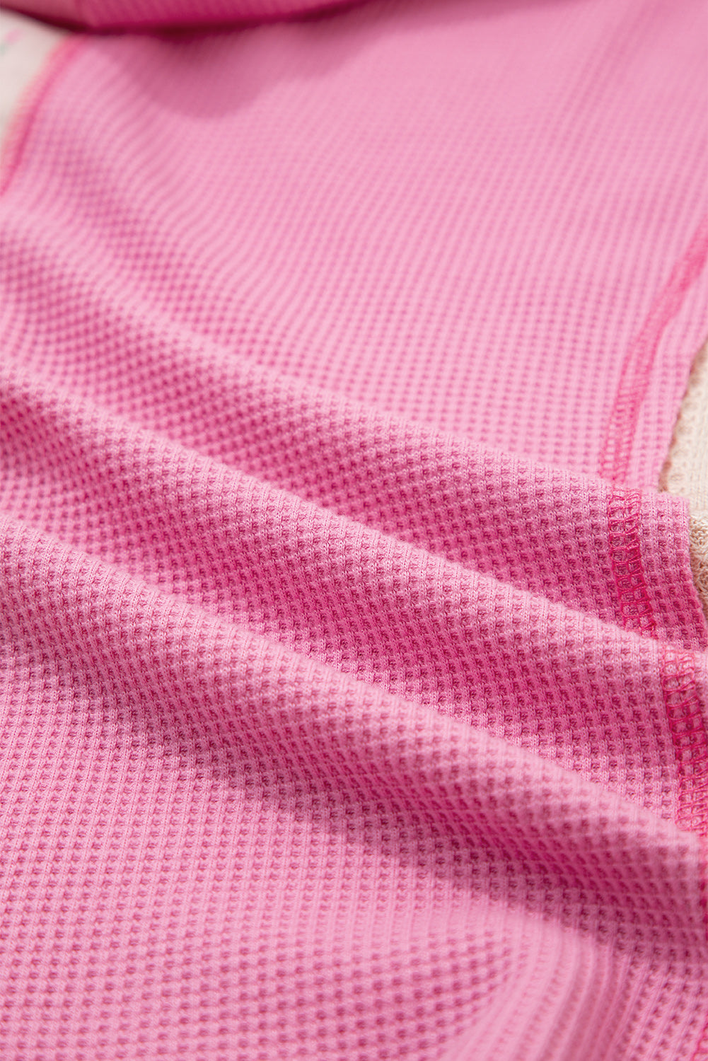 Pink Mixed Texture Waffle Floral Patchwork Hooded Oversize Pullover
