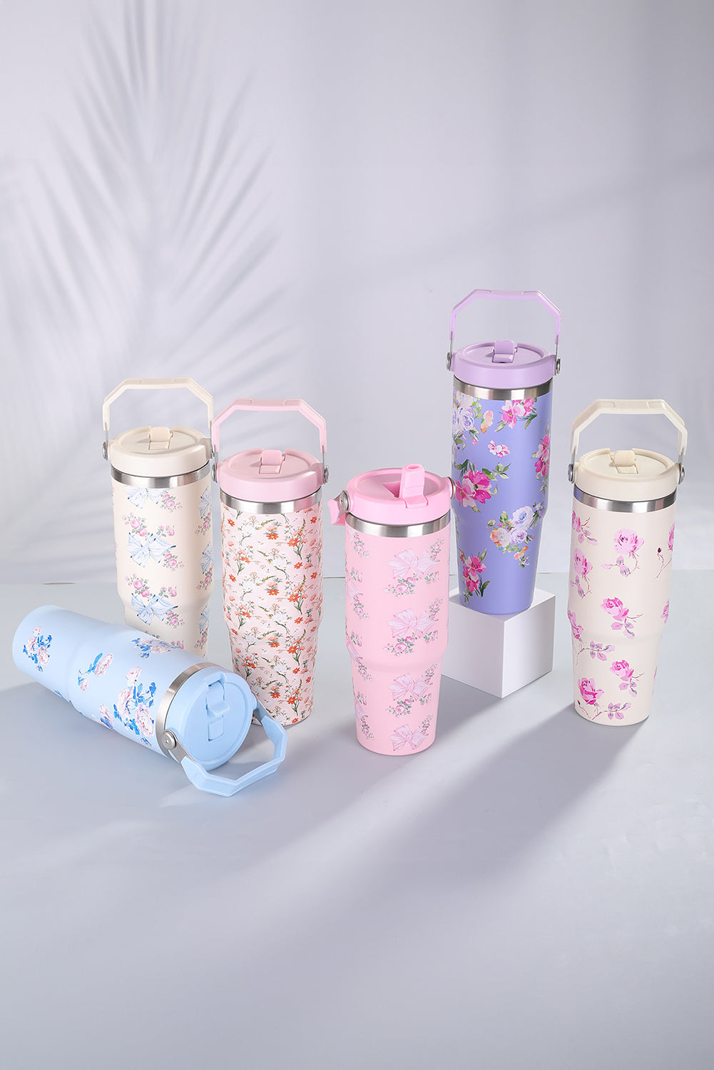 Pink 30OZ Bow Floral Print Flip Handle Straw Tumbler