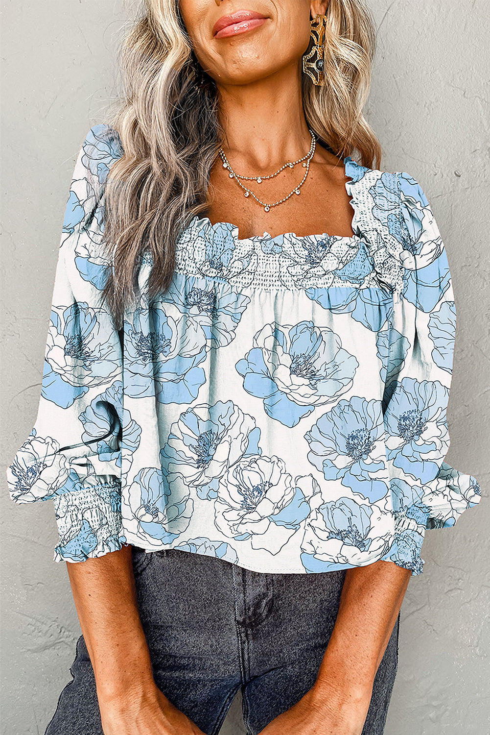 Sky Blue Floral Print Tie Neck Long Sleeve Flowy Mini Dress
