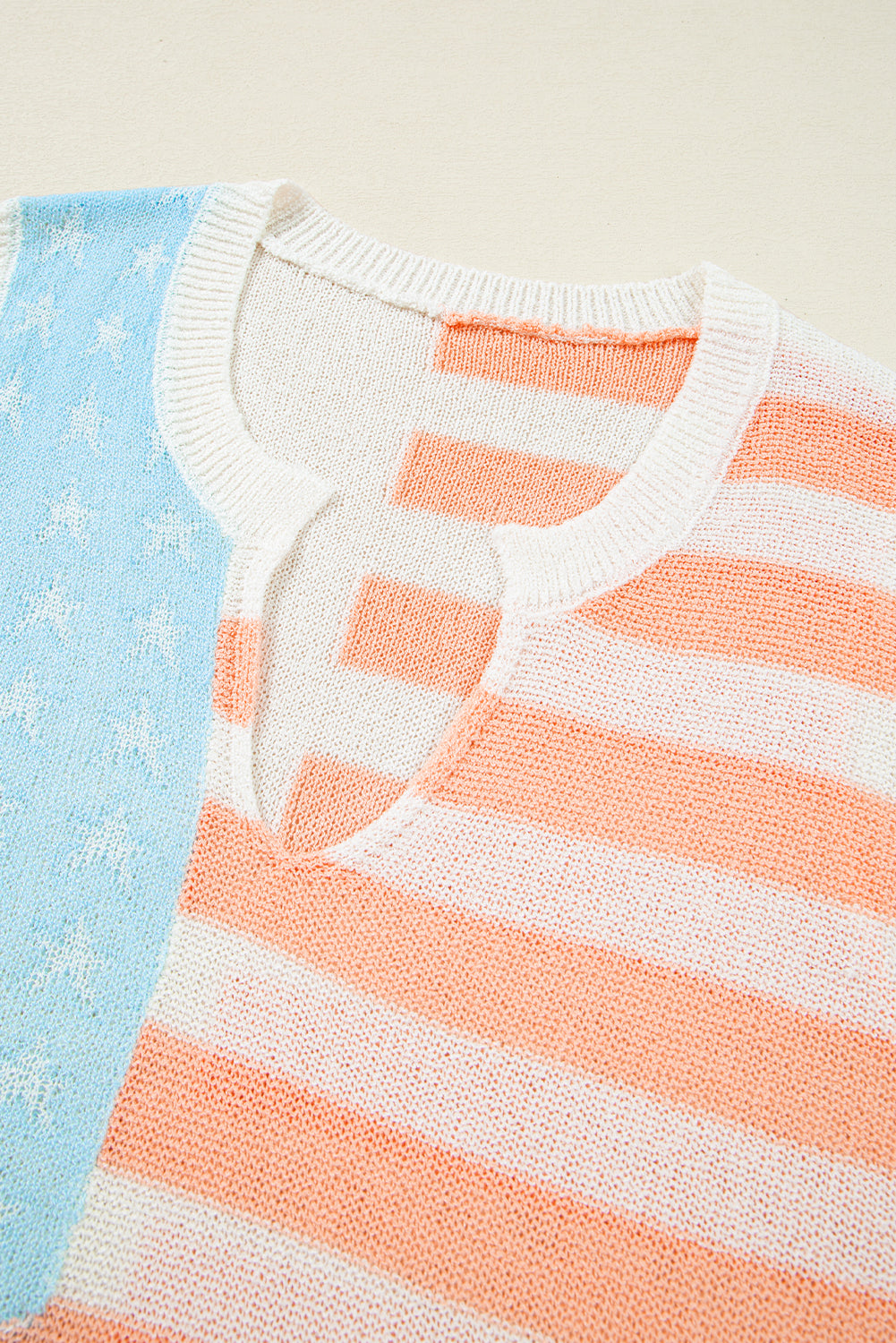 Beige USA Flag Notched Neckline Loose Sweater Vest