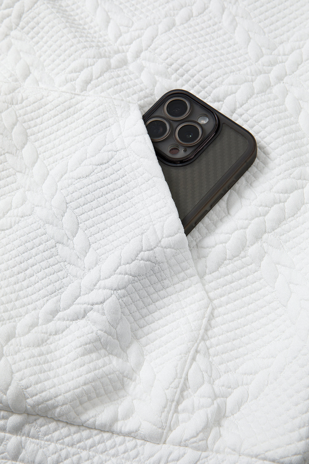 White Cable Lattice Texture Kangaroo Pocket Hoodie