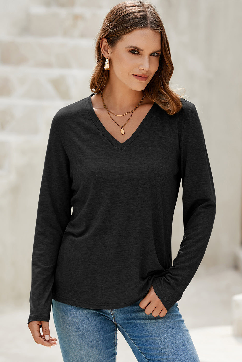 Grass Green Solid Color V Neck Long Sleeve Stretchy Top