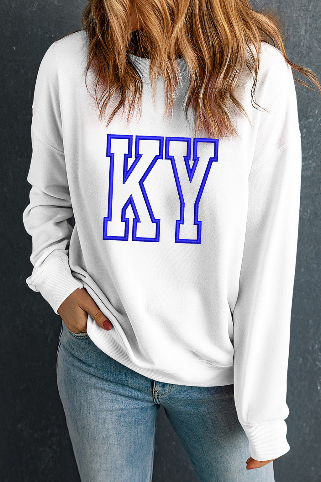 White KY Embroidered Graphic Pullover Sweatshirt