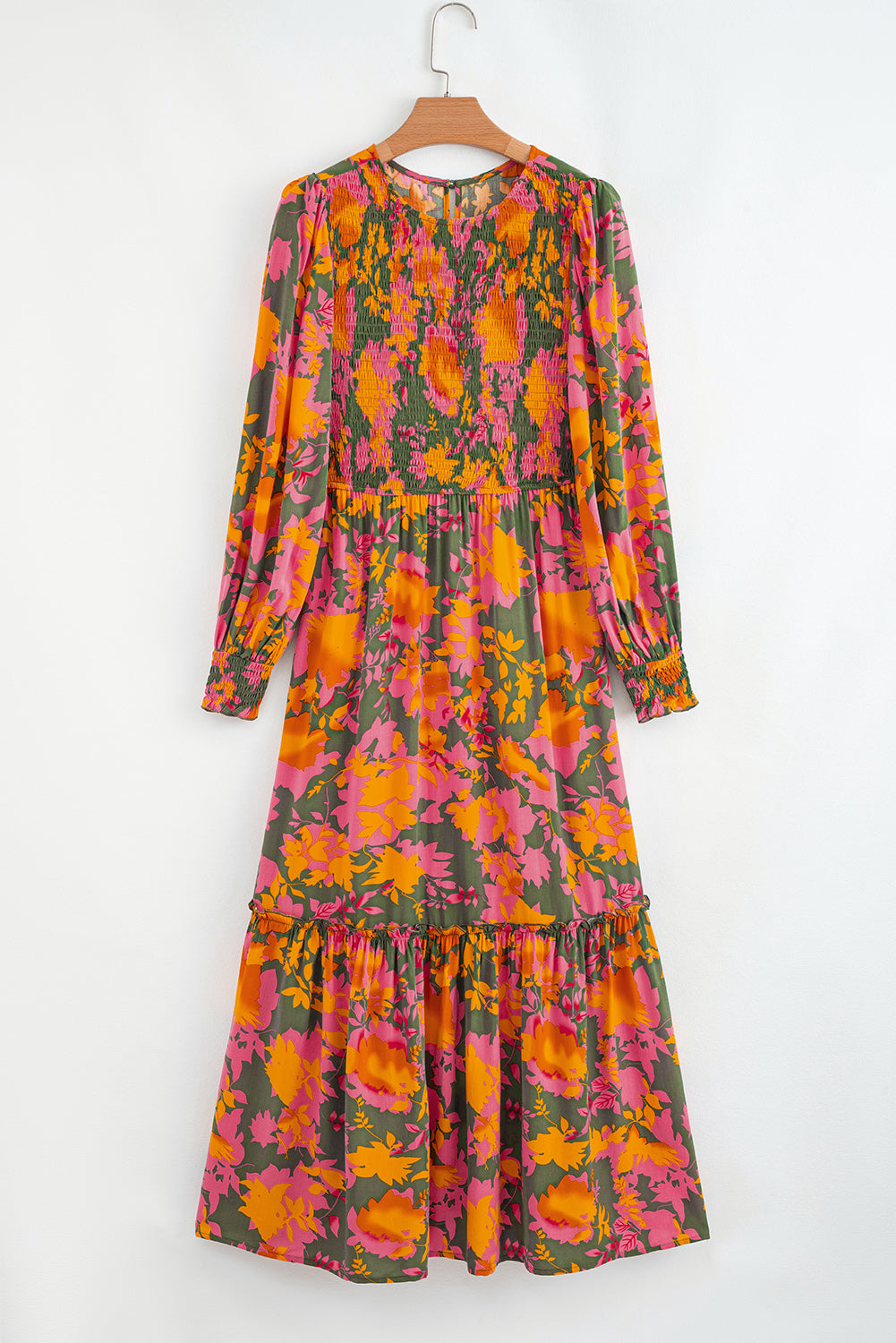 Multicolour Floral Print Long Sleeve Smocked Ruffled Mini Dress