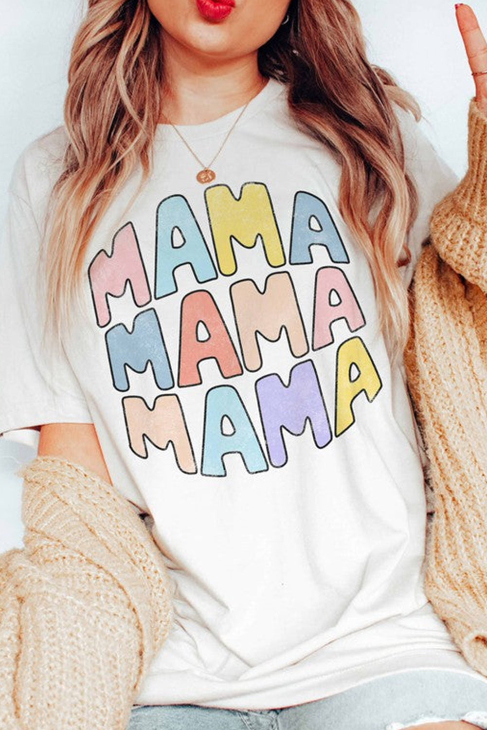 White MAMA Floral Block Graphic Casual T Shirt