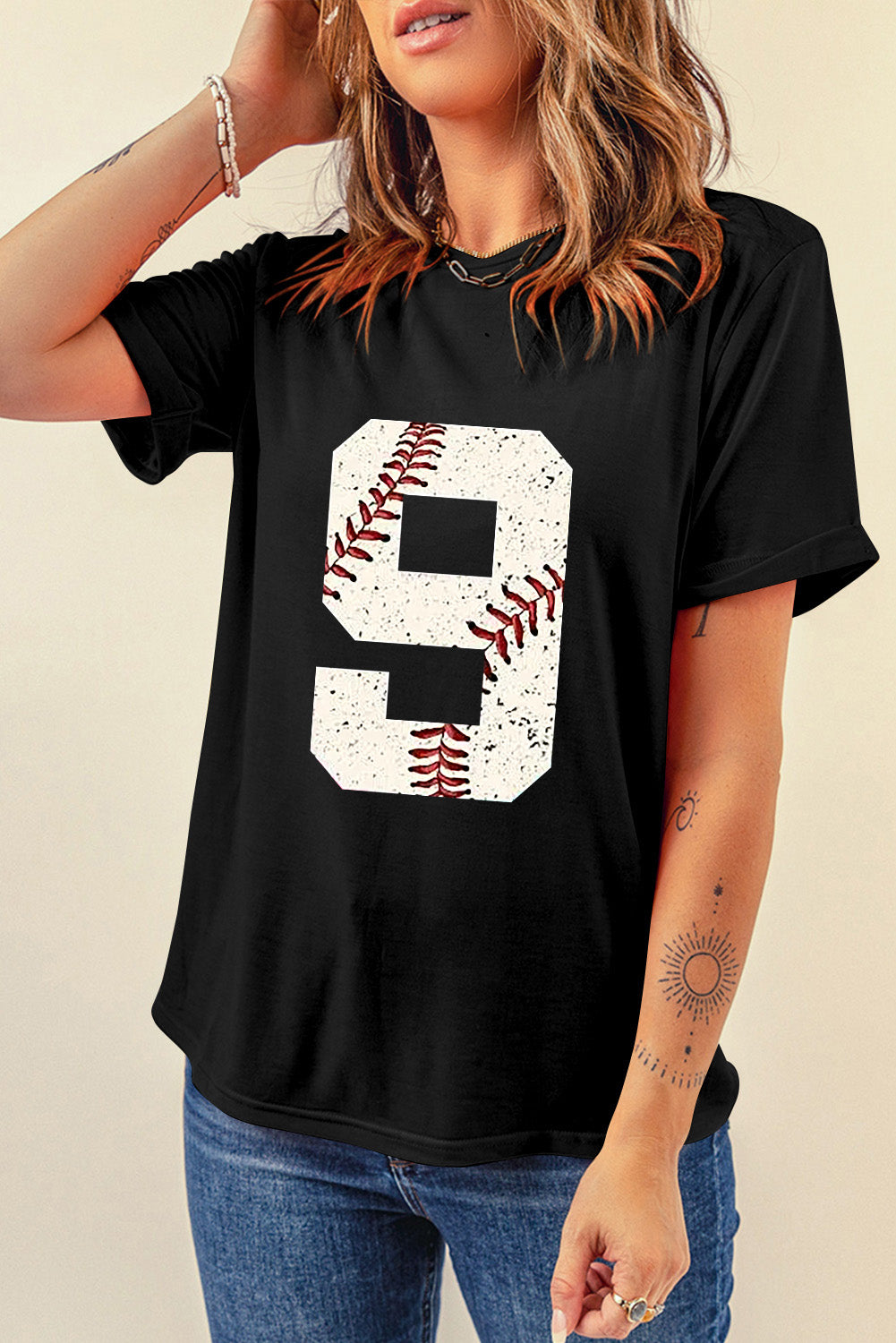 Black Number 9 Distressed Baseball Pattern Oversize Tee