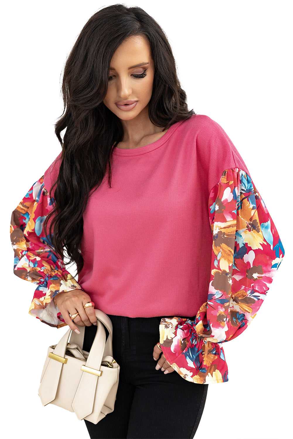Bright Pink Floral Patchwork Flounce Sleeve Rib Knit Plus Top