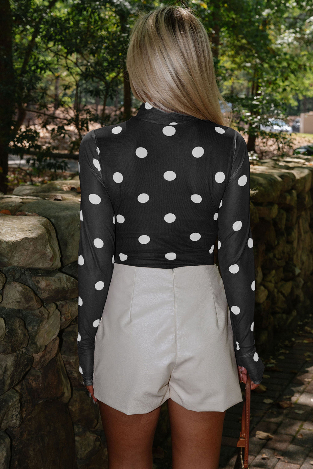 Brown Vintage Polka Dot Print Mesh Long Sleeve Bodysuit