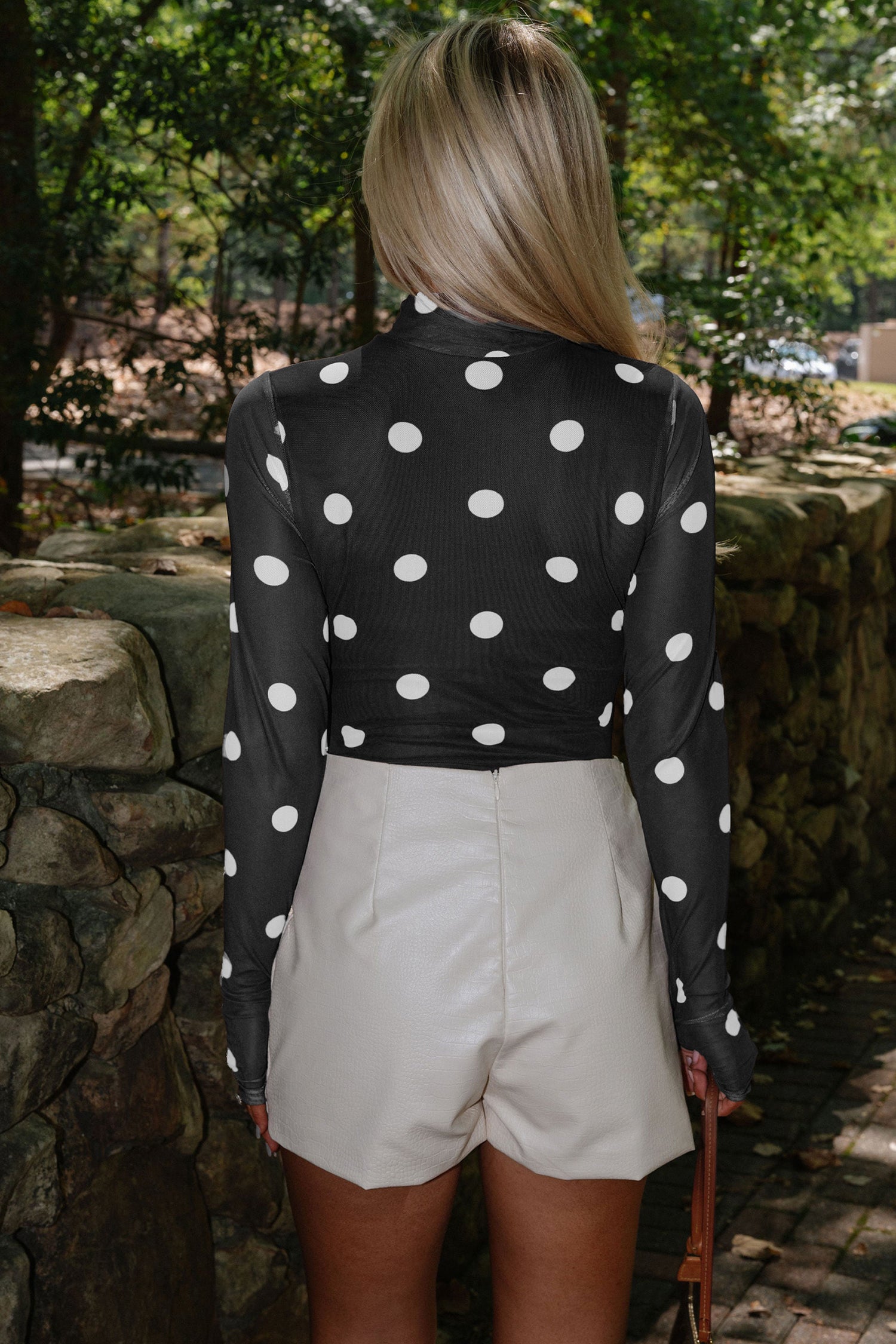 Brown Vintage Polka Dot Print Mesh Long Sleeve Bodysuit