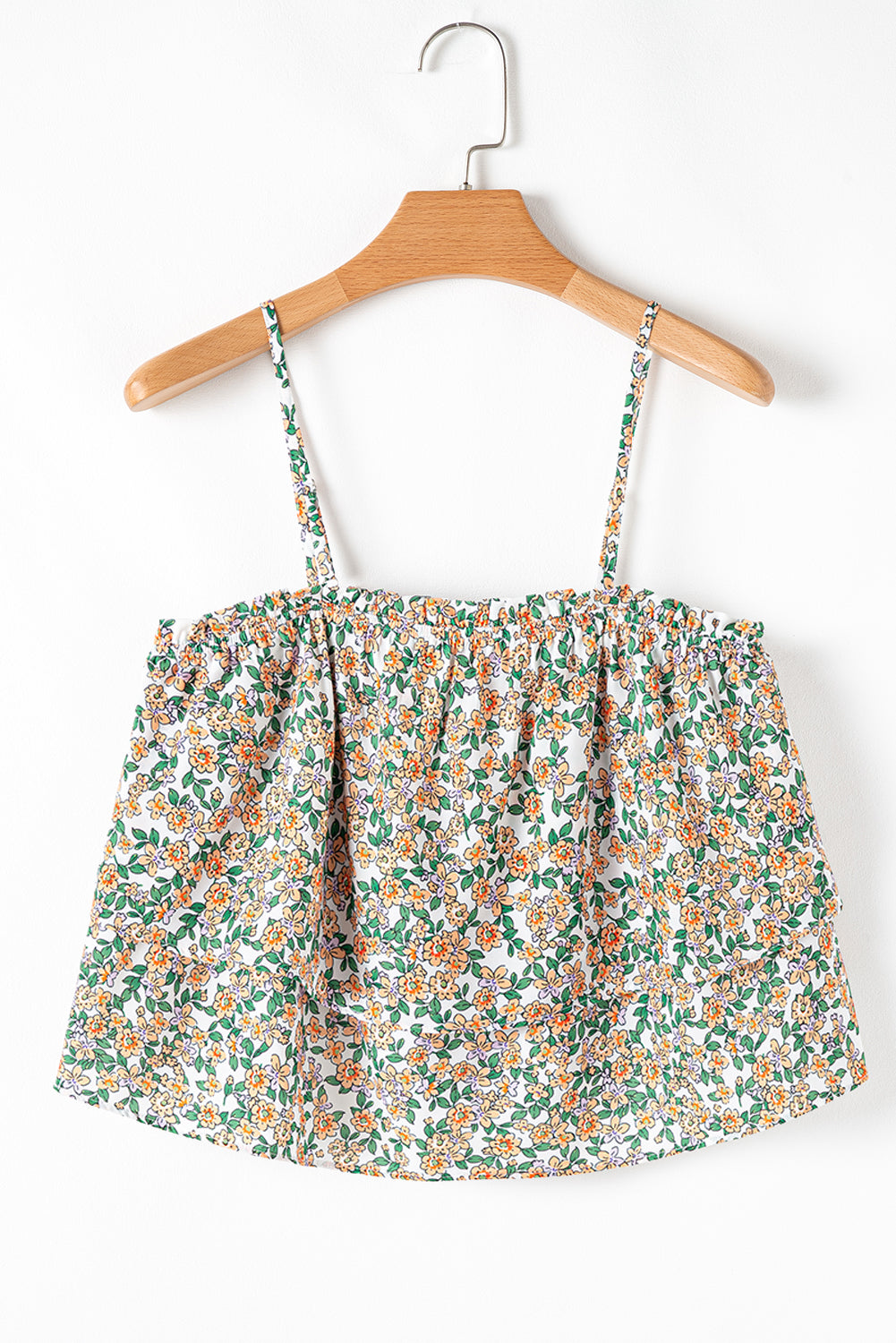 White Boho Floral Spaghetti Strap Ruffle Summer Tank Top