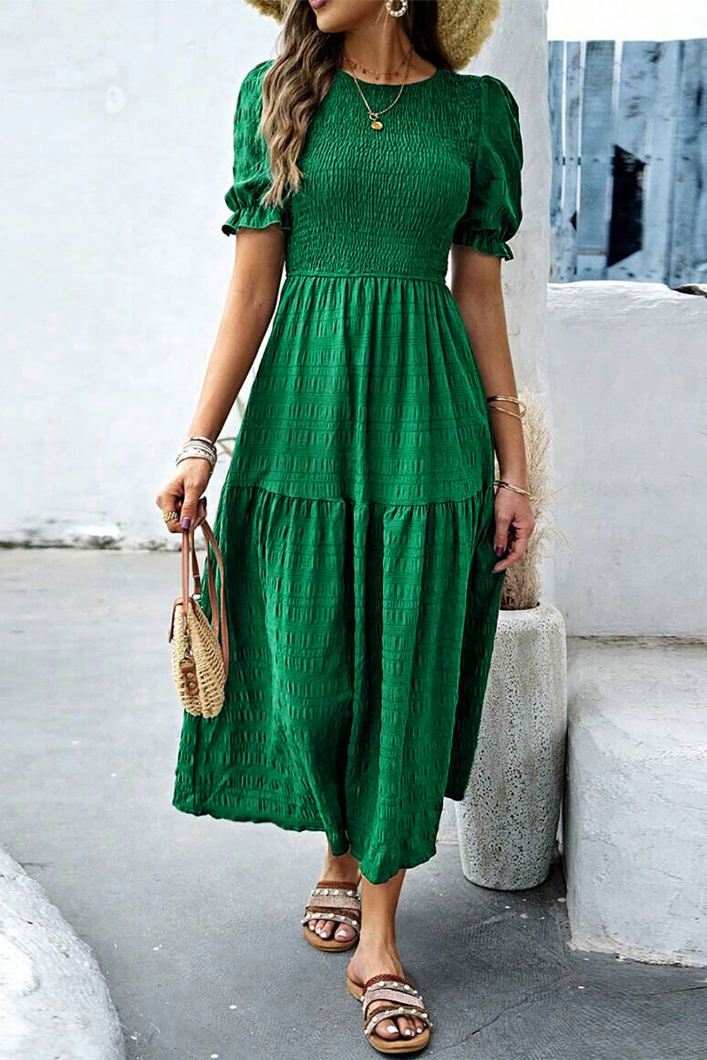 Dark Green Textured Ruffled Sleeve Round Neck Top