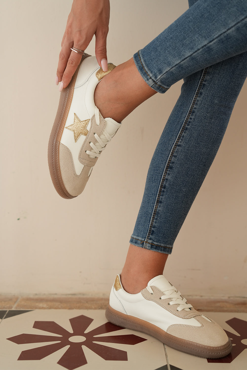 Gold Shimmer Star Patch Colorblock Lace up Retro Flattie