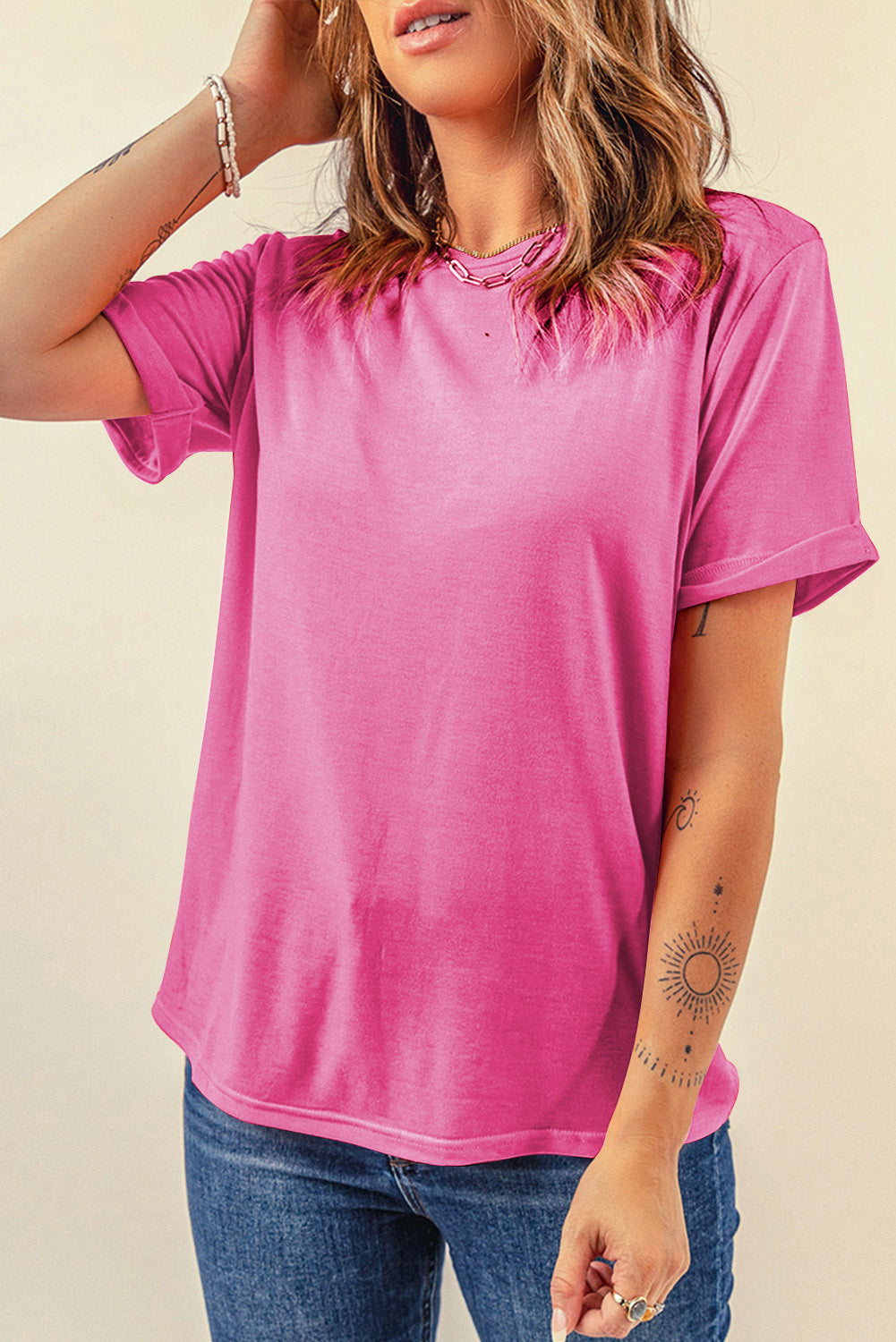 Khaki Casual Plain Crew Neck Tee