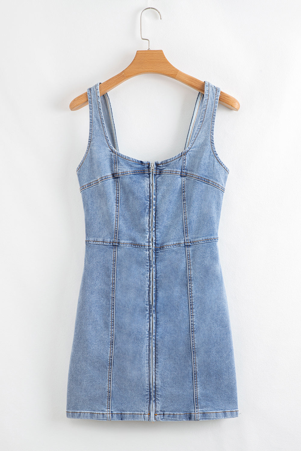 Beau Blue Seamed Zipper Square Neck Sleeveless Denim Mini Dress