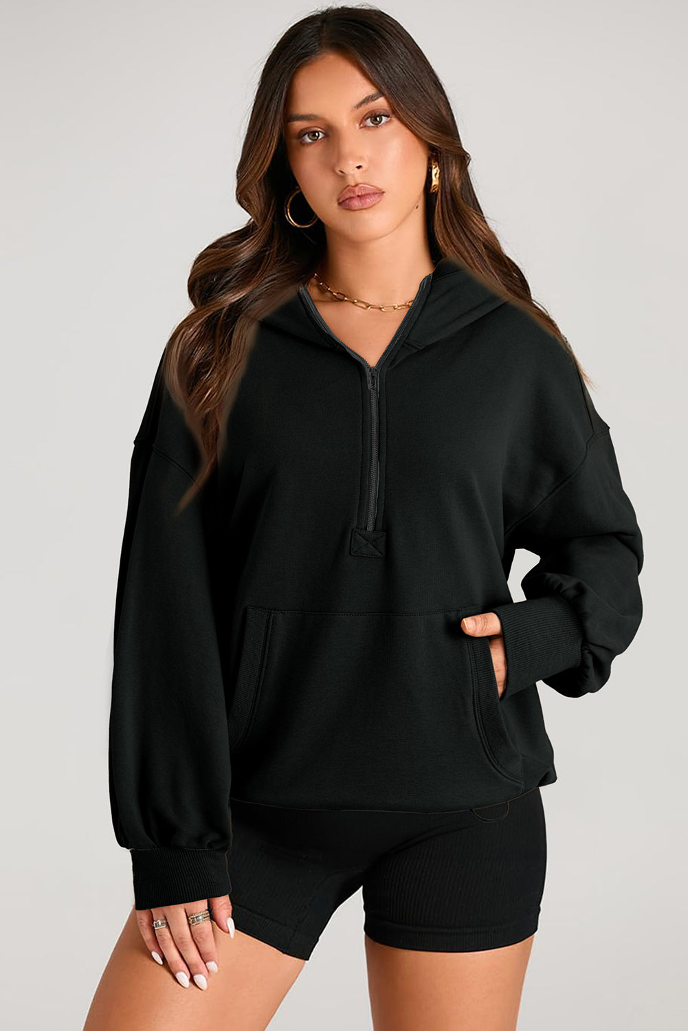 Light Grey Solid Kangaroo Pocket Half Zipper Oversized Hoodie