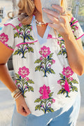Rose Vintage Floral Print Contrast Notched V Neck Plus Size Summer Blouse