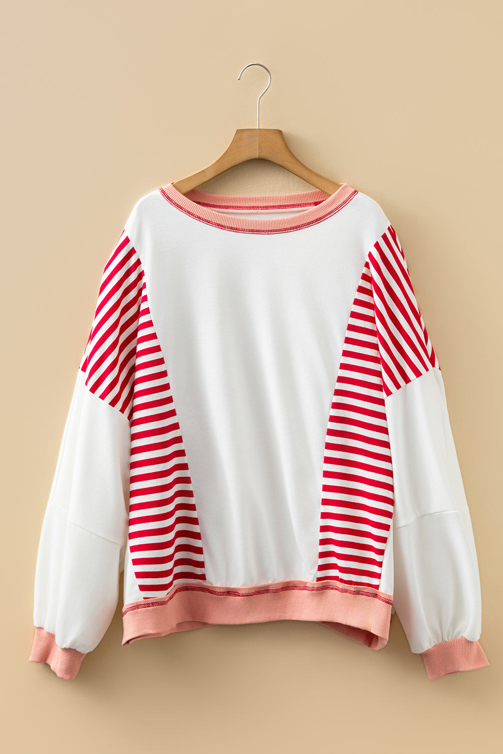 Red Stripe Colorblock Patchwork Contrast Stitching Oversize Sweatshirt