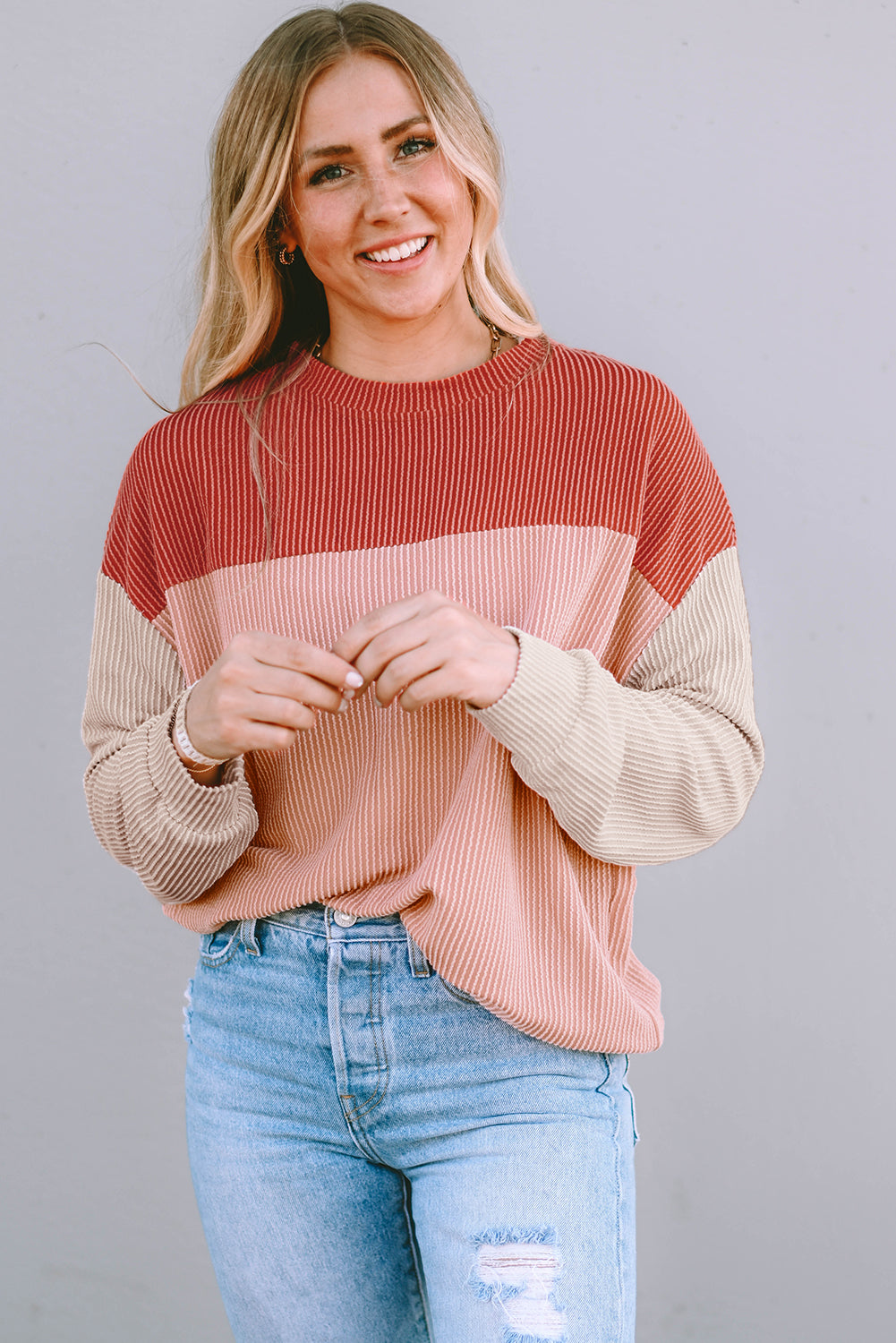Pale Chestnut Color Block Corded Long Sleeve Top