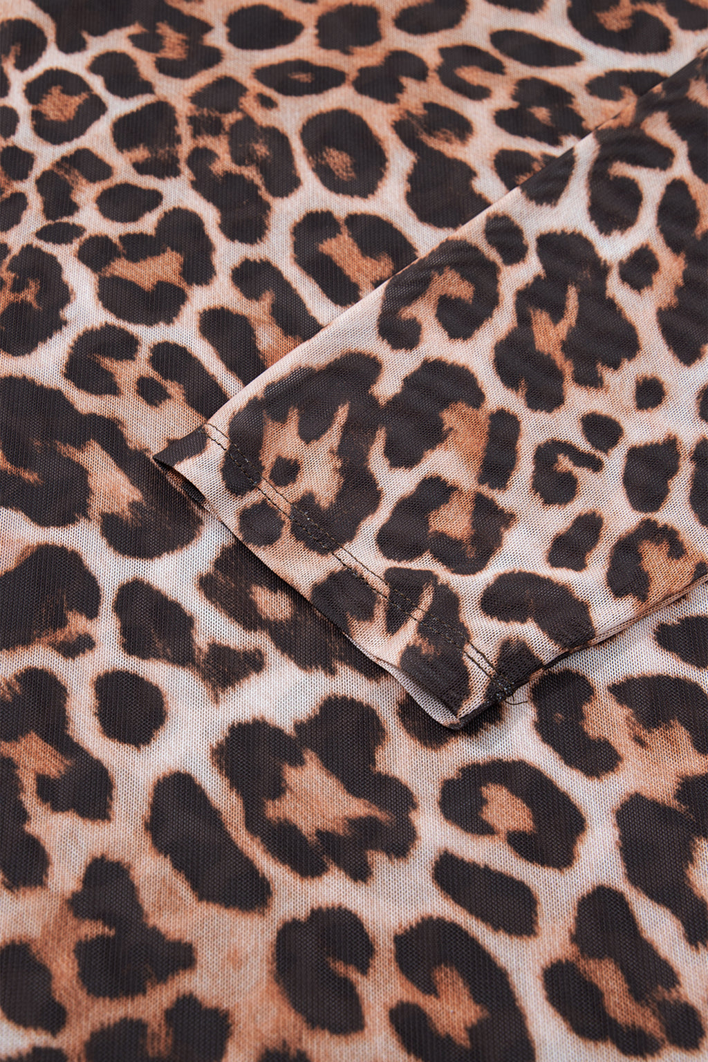 Brown Leopard Mock Neck Long Sleeve Mesh Top