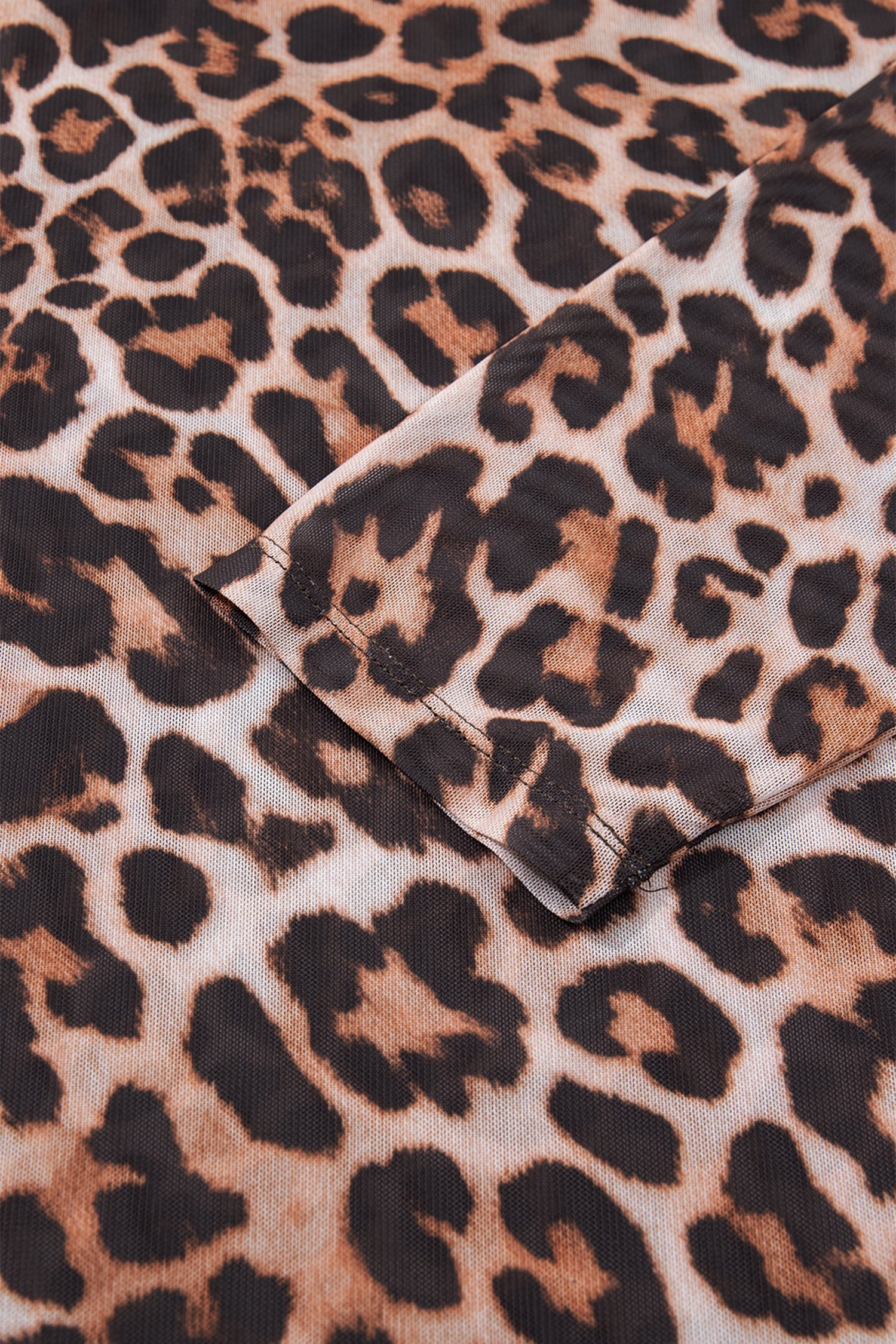 Brown Leopard Mock Neck Long Sleeve Mesh Top
