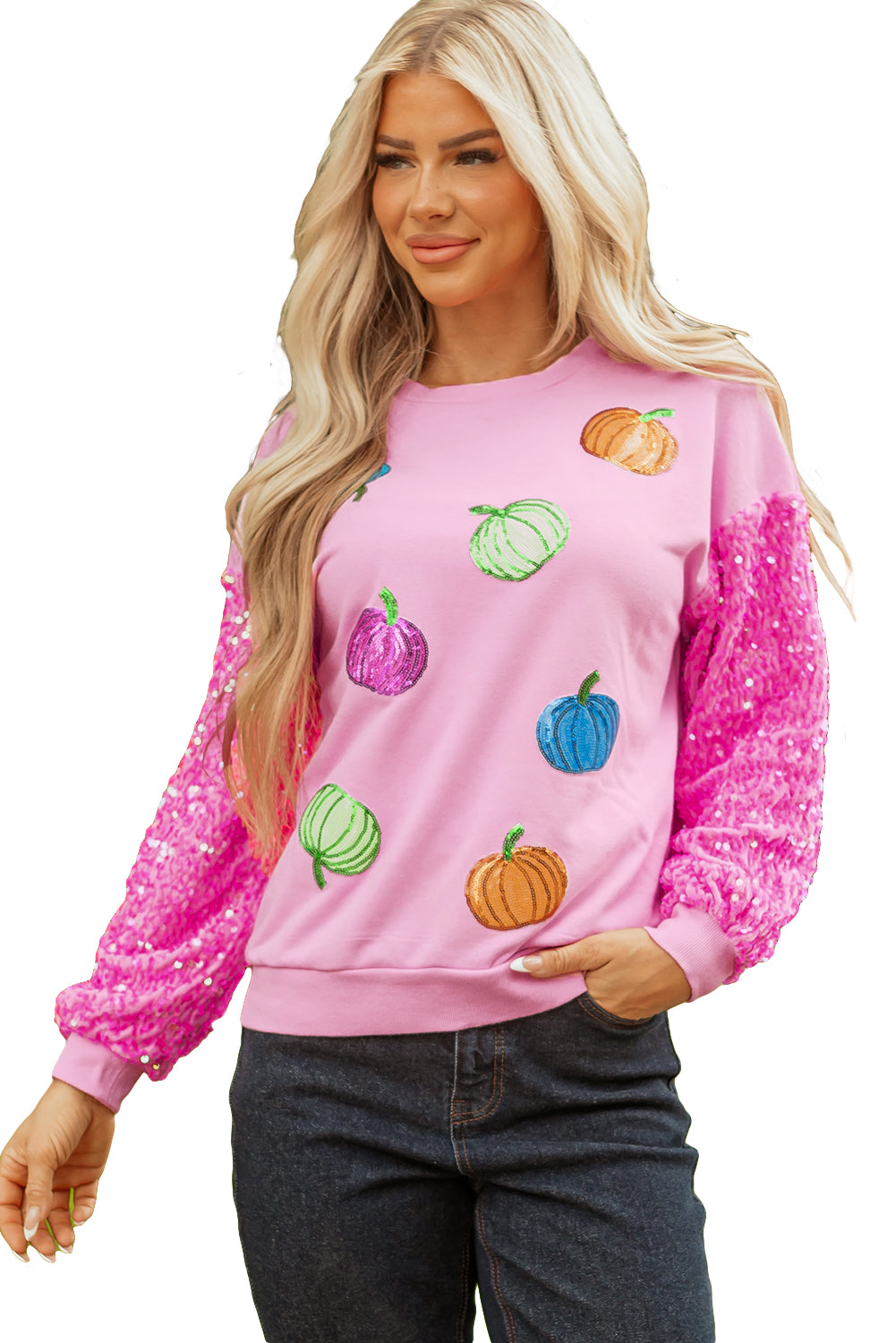 White Colorful Pumpkin Sequin Patched Drop Shoulder Sweatshirt