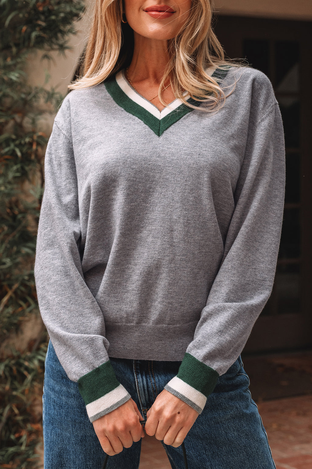 Black Contrast Striped Trim V Neck Varsity Sweater