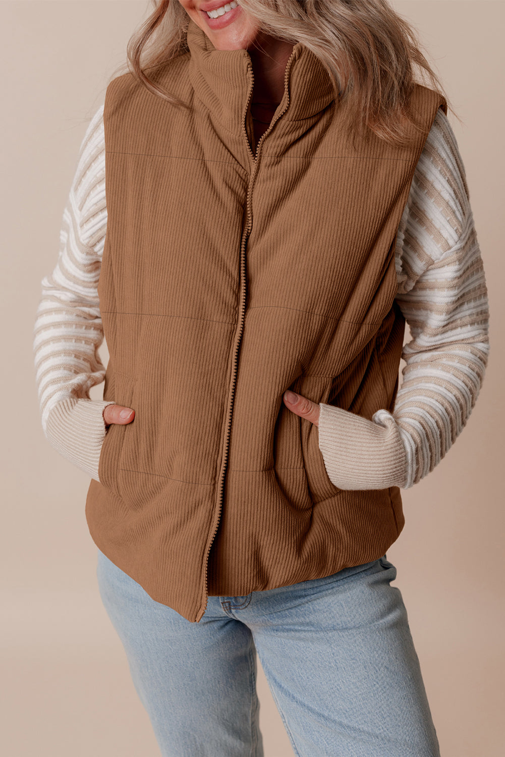 Beige Corduroy Stand Neck Zipped Puffer Vest