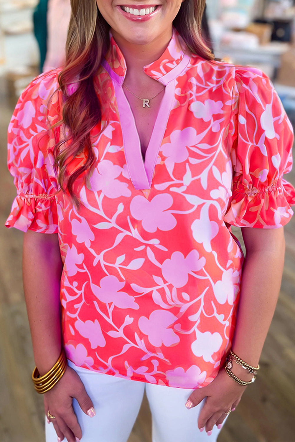 Red Floral Three Quarter Sleeves Ruffle Hem Mini Dress