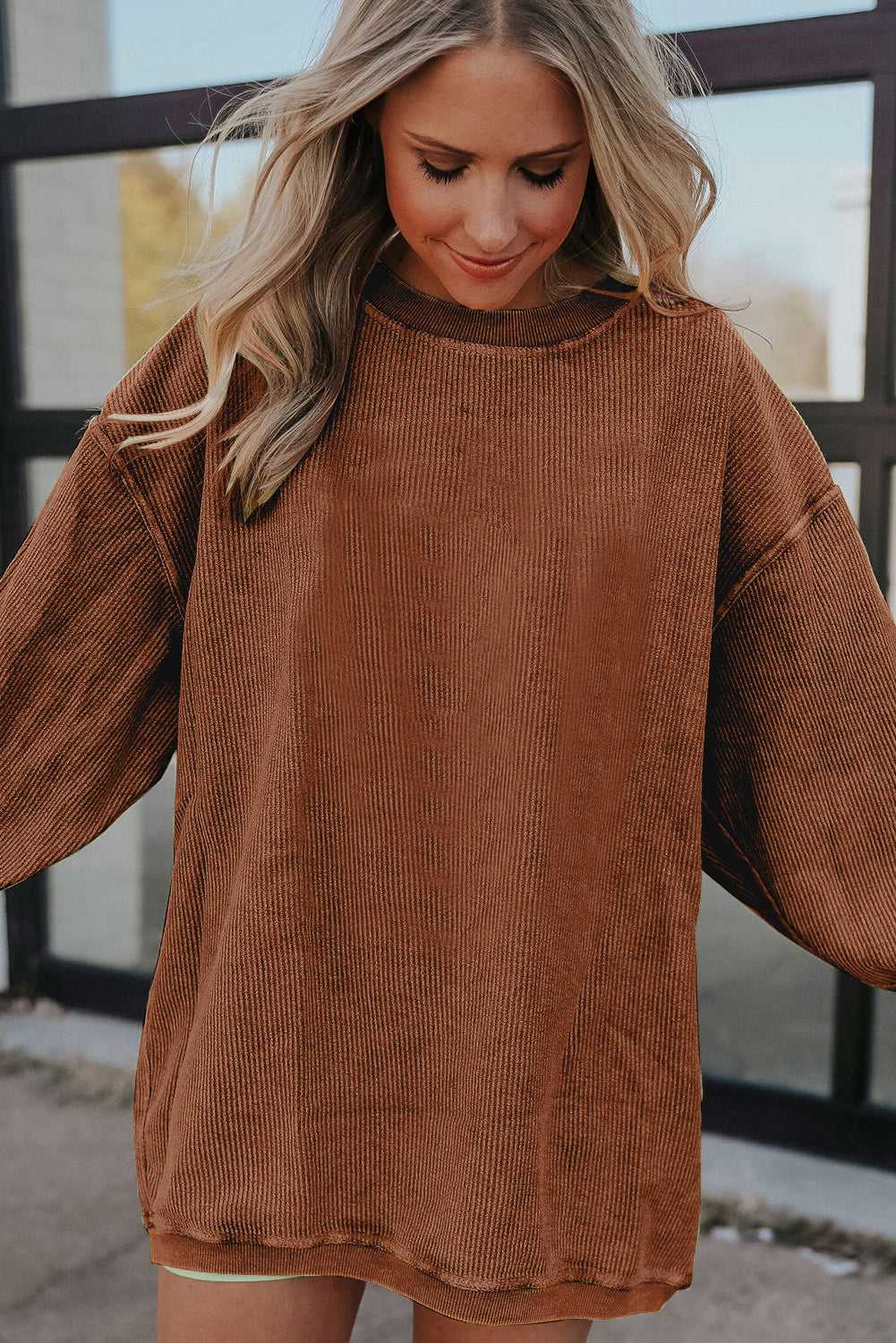 Grass Green Ribbed Corded Oversized Sweatshirt